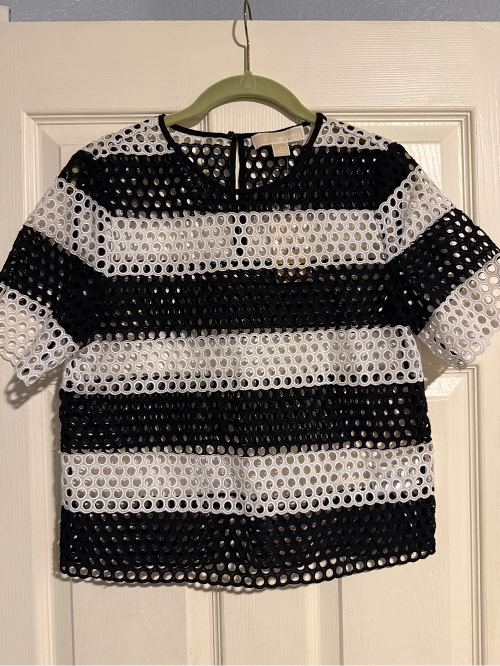 Michael Kors Black & White Eyelet Stripe Short Sleeve Top
